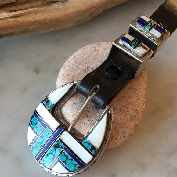 Vintage Navajo Native American Inlaid Ranger Belt Buckle Set